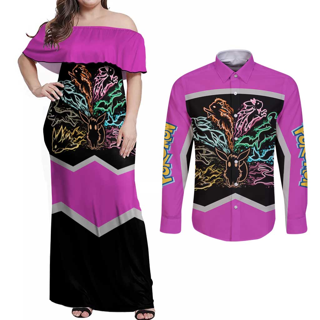 Espeon and Eeveelutions Couples Matching Off Shoulder Maxi Dress and Long Sleeve Button Shirt with Neon Elemental Designs and Pink Pokémon Theme - The Mazicc