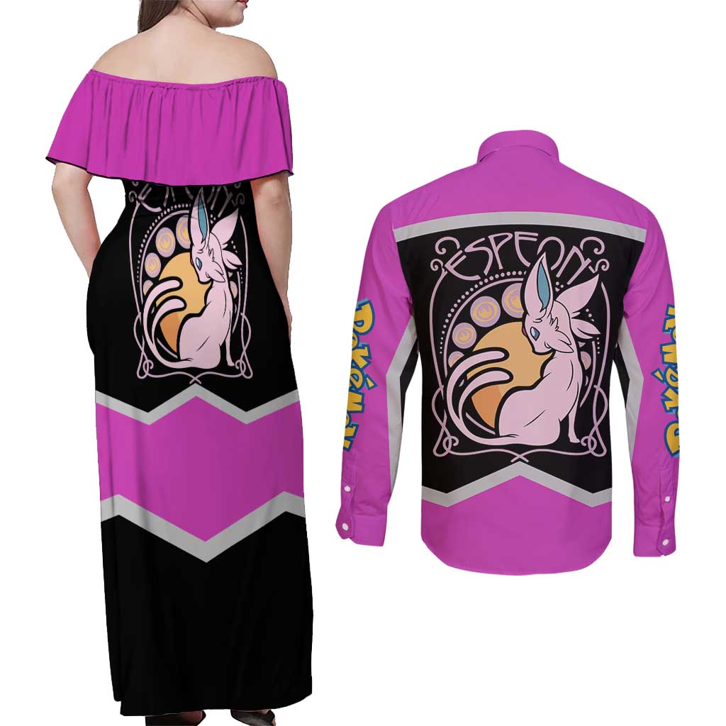 Espeon and Eeveelutions Couples Matching Off Shoulder Maxi Dress and Long Sleeve Button Shirt with Neon Elemental Designs and Pink Pokémon Theme - The Mazicc