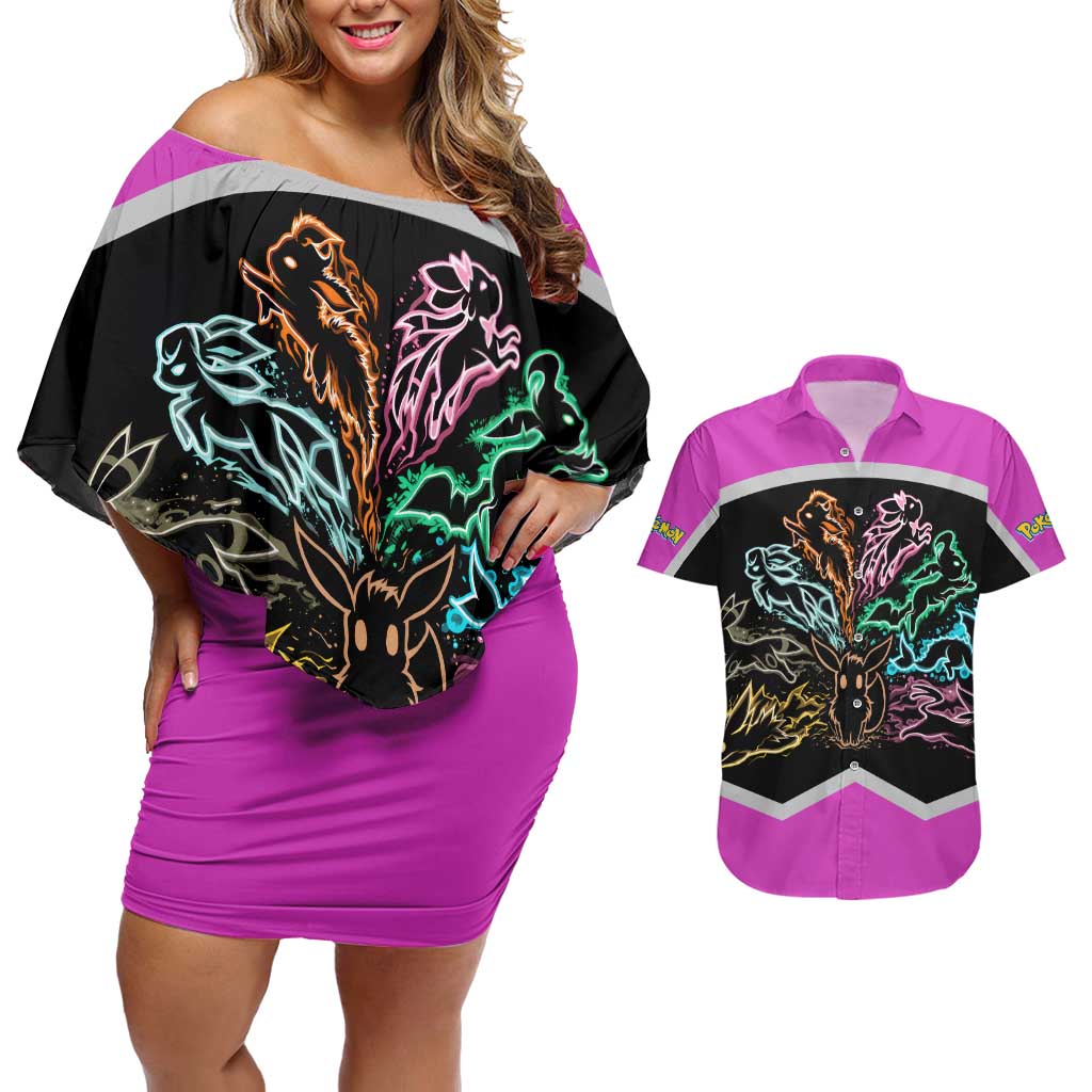 Espeon and Eeveelutions Couples Matching Off Shoulder Short Dress and Hawaiian Shirt with Neon Elemental Designs and Pink Pokémon Theme - The Mazicc