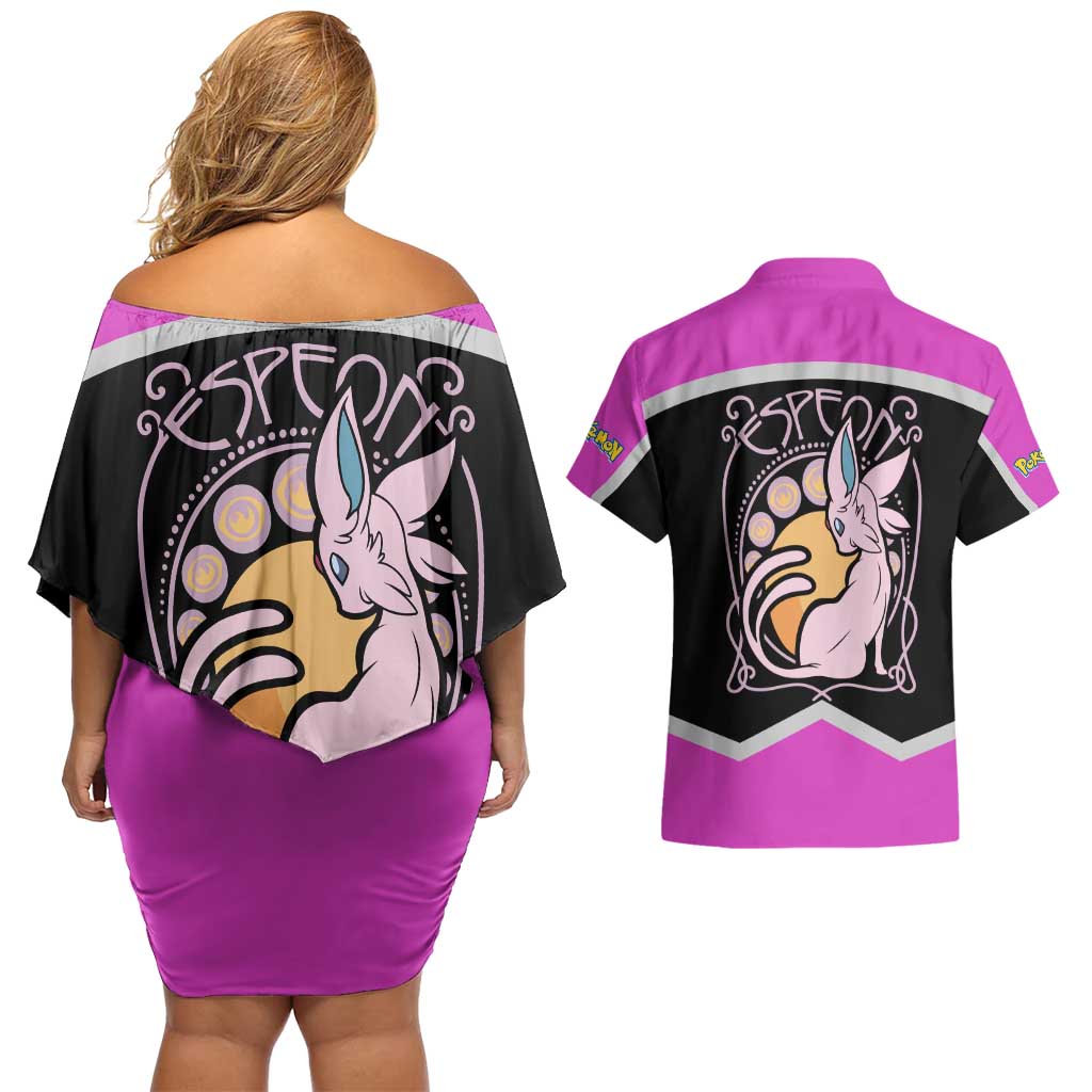 Espeon and Eeveelutions Couples Matching Off Shoulder Short Dress and Hawaiian Shirt with Neon Elemental Designs and Pink Pokémon Theme - The Mazicc