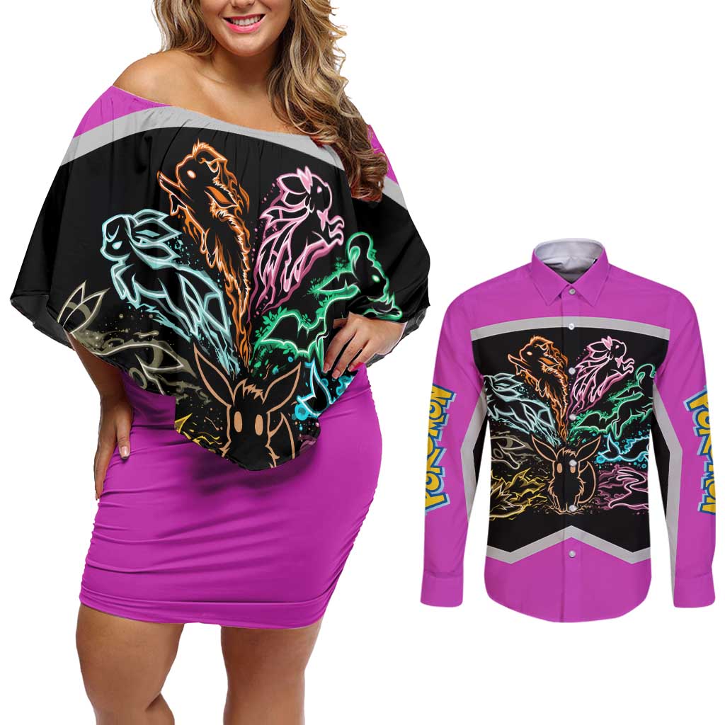 Espeon and Eeveelutions Couples Matching Off Shoulder Short Dress and Long Sleeve Button Shirt with Neon Elemental Designs and Pink Pokémon Theme - The Mazicc