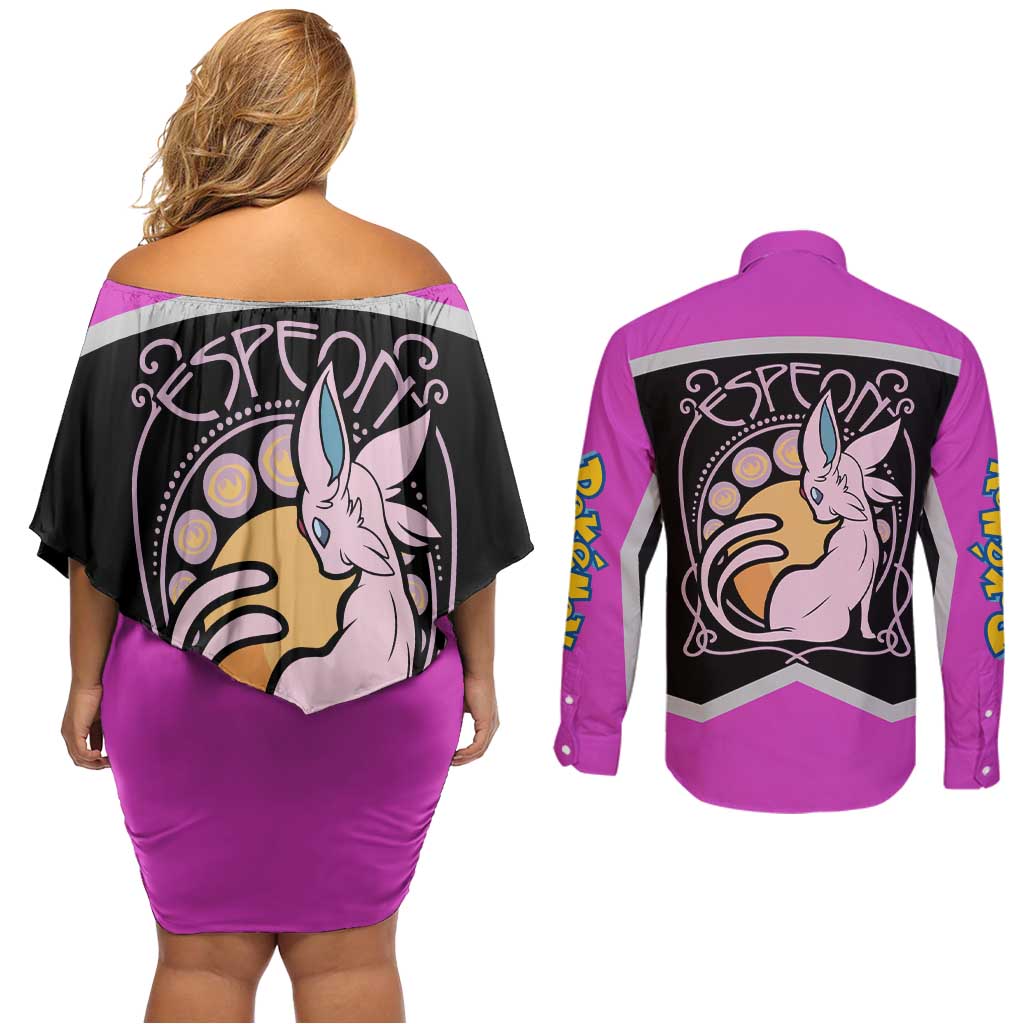 Espeon and Eeveelutions Couples Matching Off Shoulder Short Dress and Long Sleeve Button Shirt with Neon Elemental Designs and Pink Pokémon Theme - The Mazicc