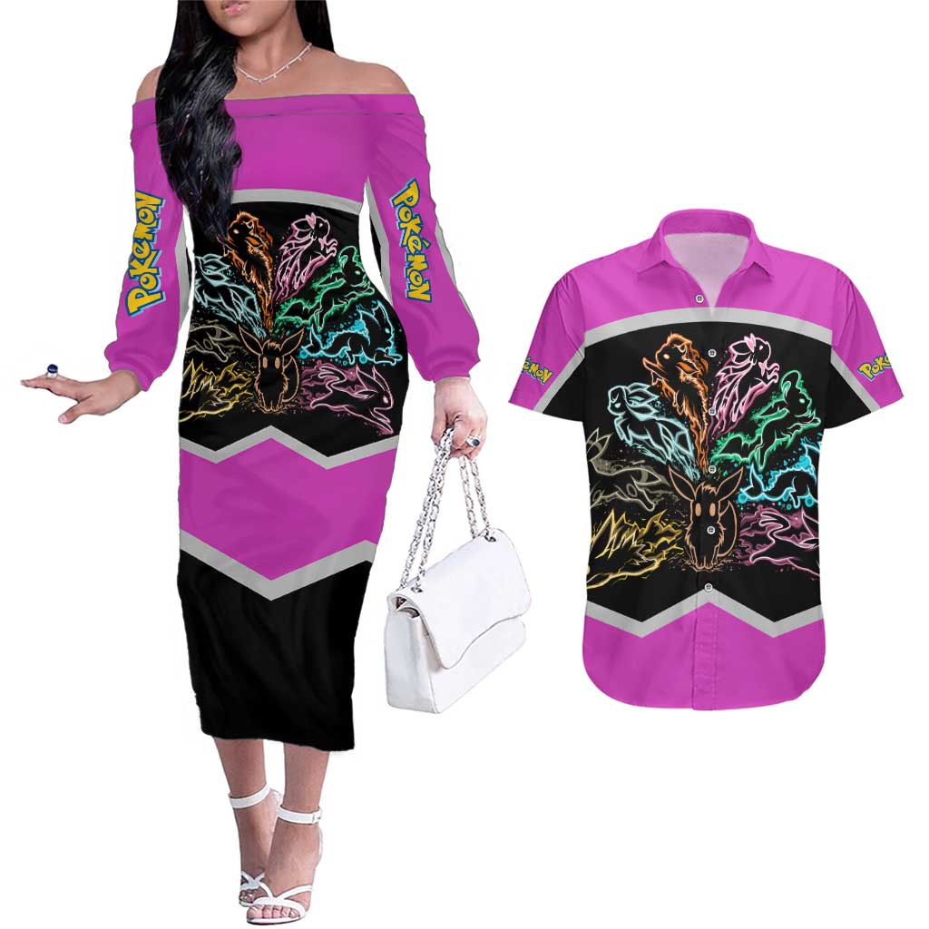 Espeon and Eeveelutions Couples Matching Off The Shoulder Long Sleeve Dress and Hawaiian Shirt with Neon Elemental Designs and Pink Pokémon Theme - The Mazicc