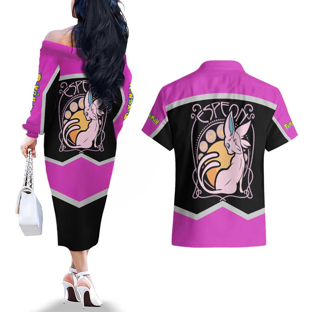 Espeon and Eeveelutions Couples Matching Off The Shoulder Long Sleeve Dress and Hawaiian Shirt with Neon Elemental Designs and Pink Pokémon Theme - The Mazicc