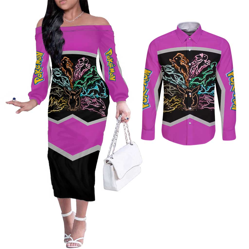 Espeon and Eeveelutions Couples Matching Off The Shoulder Long Sleeve Dress and Long Sleeve Button Shirt with Neon Elemental Designs and Pink Pokémon Theme - The Mazicc