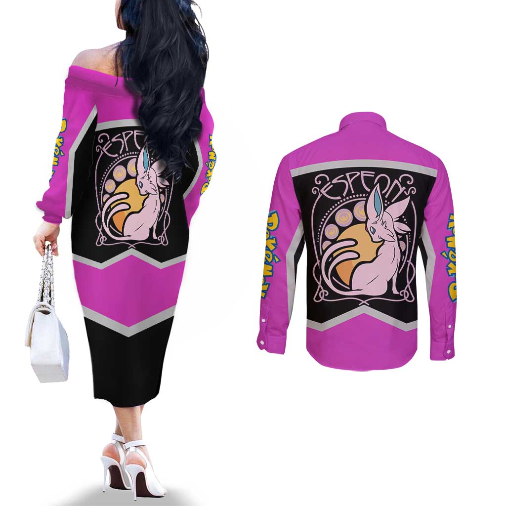 Espeon and Eeveelutions Couples Matching Off The Shoulder Long Sleeve Dress and Long Sleeve Button Shirt with Neon Elemental Designs and Pink Pokémon Theme - The Mazicc