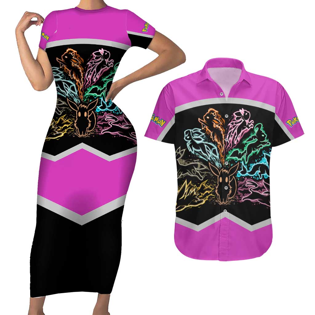 Espeon and Eeveelutions Couples Matching Short Sleeve Bodycon Dress and Hawaiian Shirt with Neon Elemental Designs and Pink Pokémon Theme - The Mazicc