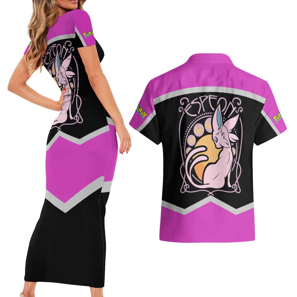 Espeon and Eeveelutions Couples Matching Short Sleeve Bodycon Dress and Hawaiian Shirt with Neon Elemental Designs and Pink Pokémon Theme - The Mazicc