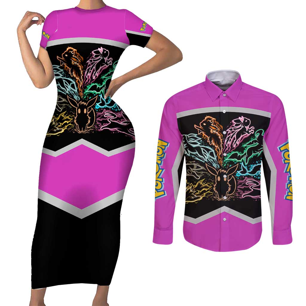 Espeon and Eeveelutions Couples Matching Short Sleeve Bodycon Dress and Long Sleeve Button Shirt with Neon Elemental Designs and Pink Pokémon Theme - The Mazicc