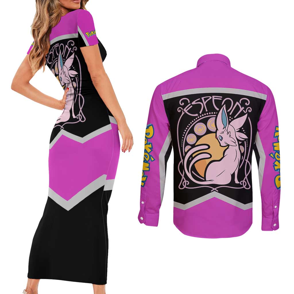 Espeon and Eeveelutions Couples Matching Short Sleeve Bodycon Dress and Long Sleeve Button Shirt with Neon Elemental Designs and Pink Pokémon Theme - The Mazicc
