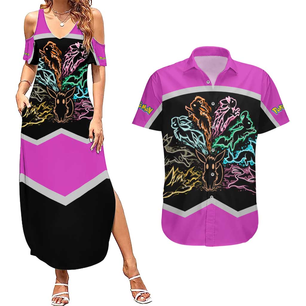 Espeon and Eeveelutions Couples Matching Summer Maxi Dress and Hawaiian Shirt with Neon Elemental Designs and Pink Pokémon Theme - The Mazicc