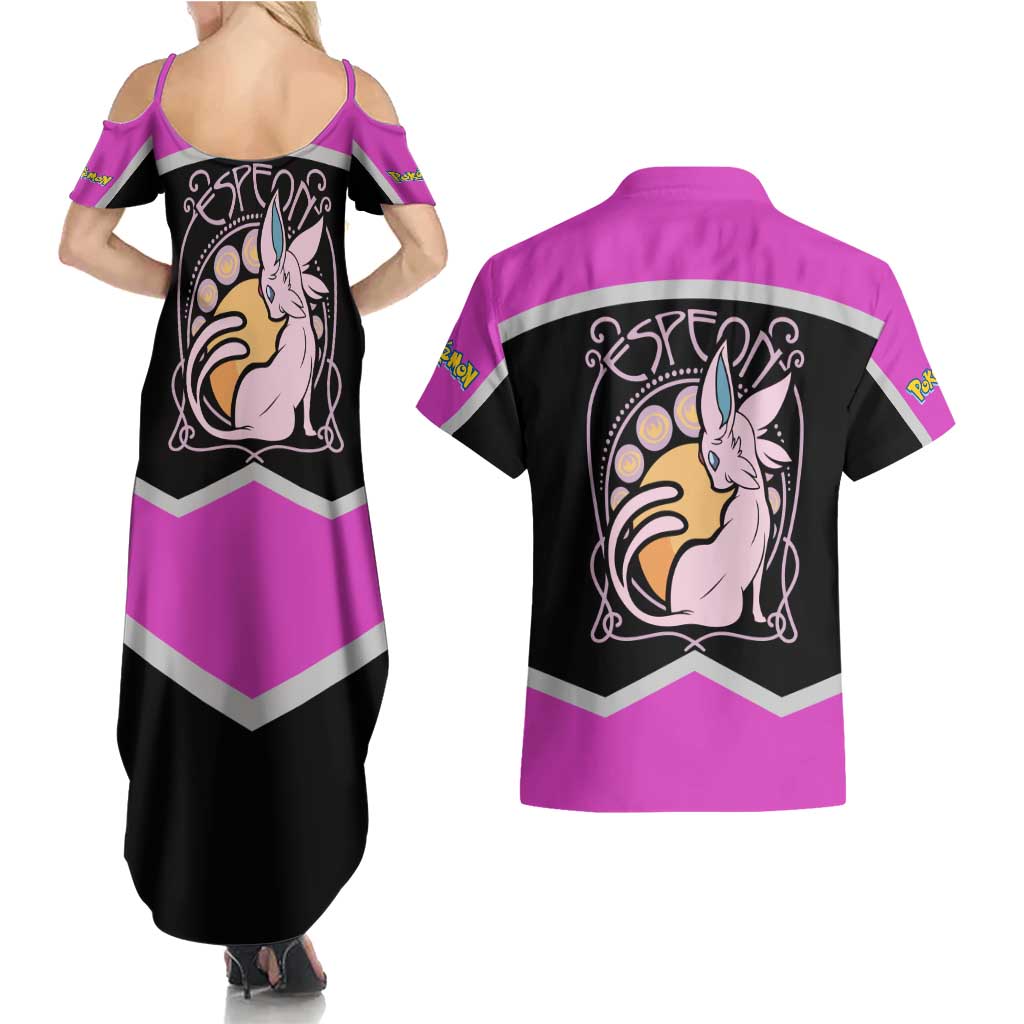 Espeon and Eeveelutions Couples Matching Summer Maxi Dress and Hawaiian Shirt with Neon Elemental Designs and Pink Pokémon Theme - The Mazicc