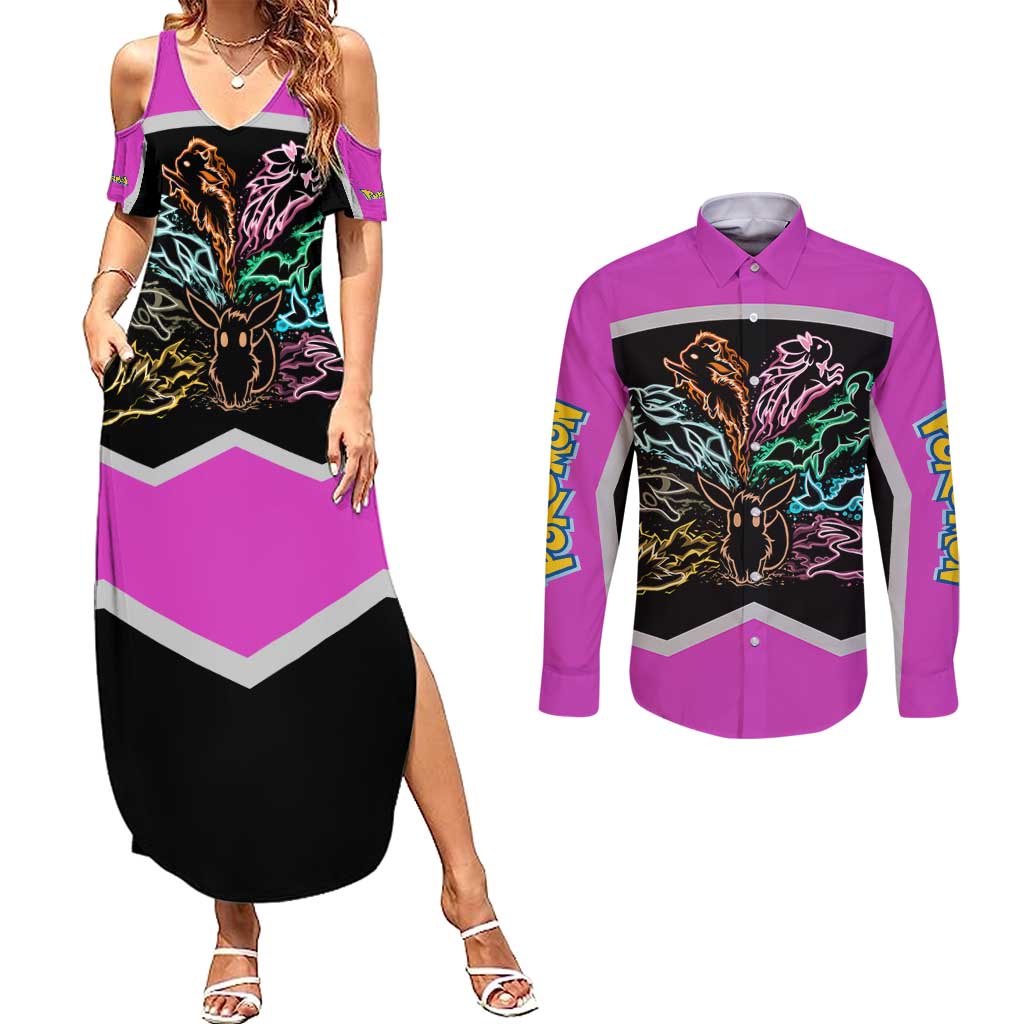 Espeon and Eeveelutions Couples Matching Summer Maxi Dress and Long Sleeve Button Shirt with Neon Elemental Designs and Pink Pokémon Theme - The Mazicc