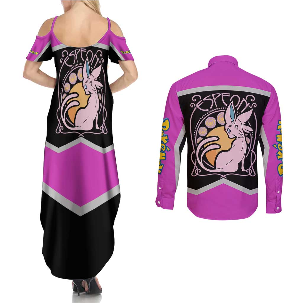 Espeon and Eeveelutions Couples Matching Summer Maxi Dress and Long Sleeve Button Shirt with Neon Elemental Designs and Pink Pokémon Theme - The Mazicc