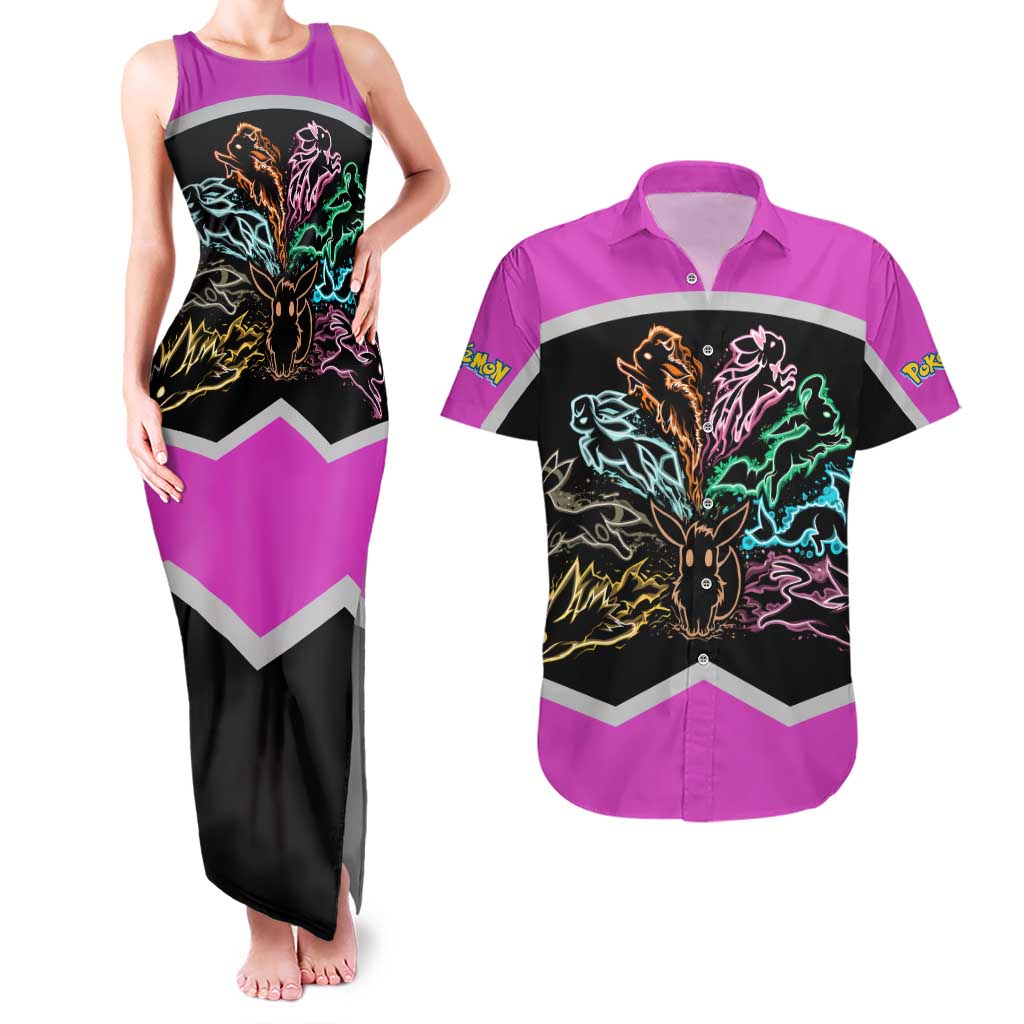 Espeon and Eeveelutions Couples Matching Tank Maxi Dress and Hawaiian Shirt with Neon Elemental Designs and Pink Pokémon Theme - The Mazicc