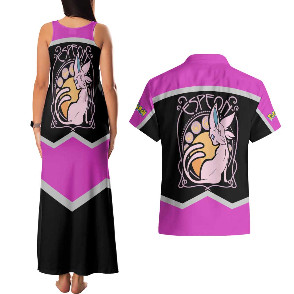 Espeon and Eeveelutions Couples Matching Tank Maxi Dress and Hawaiian Shirt with Neon Elemental Designs and Pink Pokémon Theme - The Mazicc