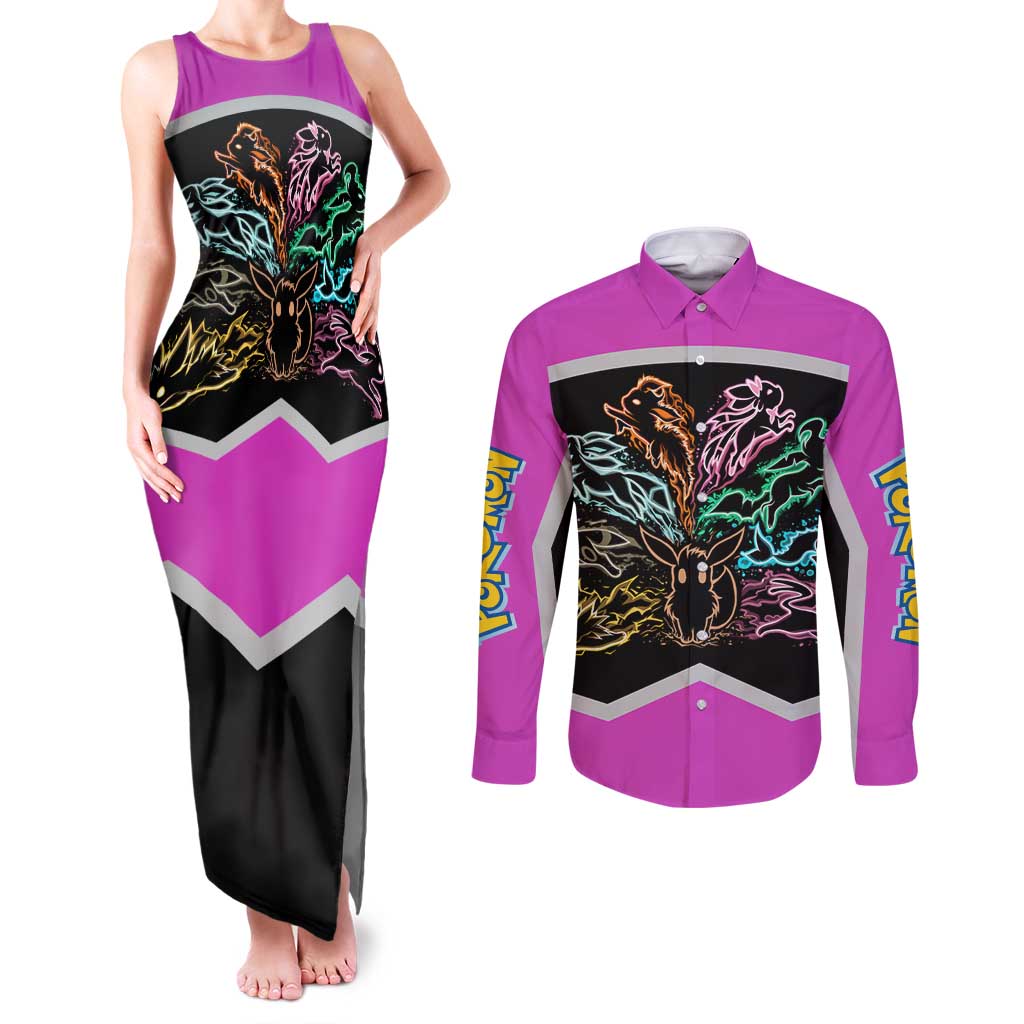 Espeon and Eeveelutions Couples Matching Tank Maxi Dress and Long Sleeve Button Shirt with Neon Elemental Designs and Pink Pokémon Theme - The Mazicc