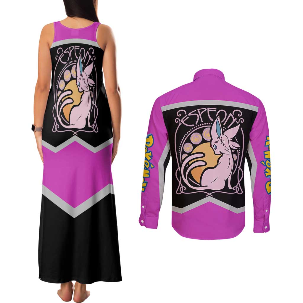 Espeon and Eeveelutions Couples Matching Tank Maxi Dress and Long Sleeve Button Shirt with Neon Elemental Designs and Pink Pokémon Theme - The Mazicc
