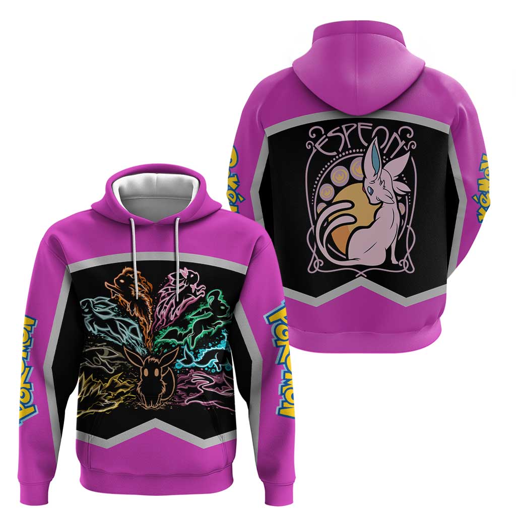 Espeon and Eeveelutions Hoodie with Neon Elemental Designs and Pink Pokémon Theme - The Mazicc