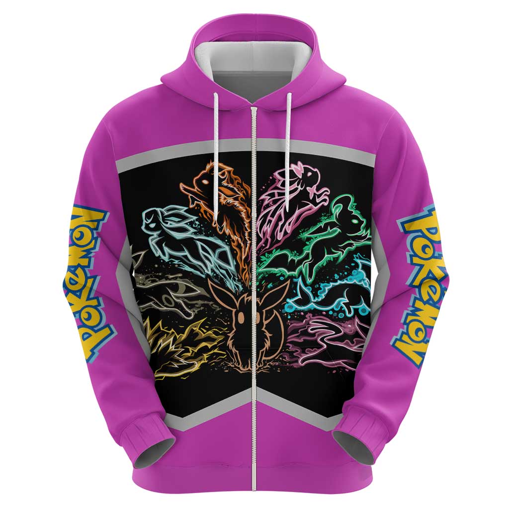 Espeon and Eeveelutions Hoodie with Neon Elemental Designs and Pink Pokémon Theme - The Mazicc
