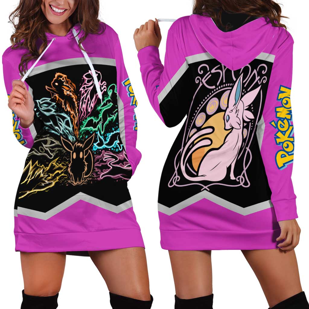 Espeon and Eeveelutions Hoodie Dress with Neon Elemental Designs and Pink Pokémon Theme - The Mazicc