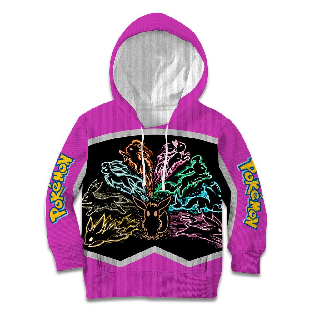 Espeon and Eeveelutions Kid Hoodie with Neon Elemental Designs and Pink Pokémon Theme - The Mazicc