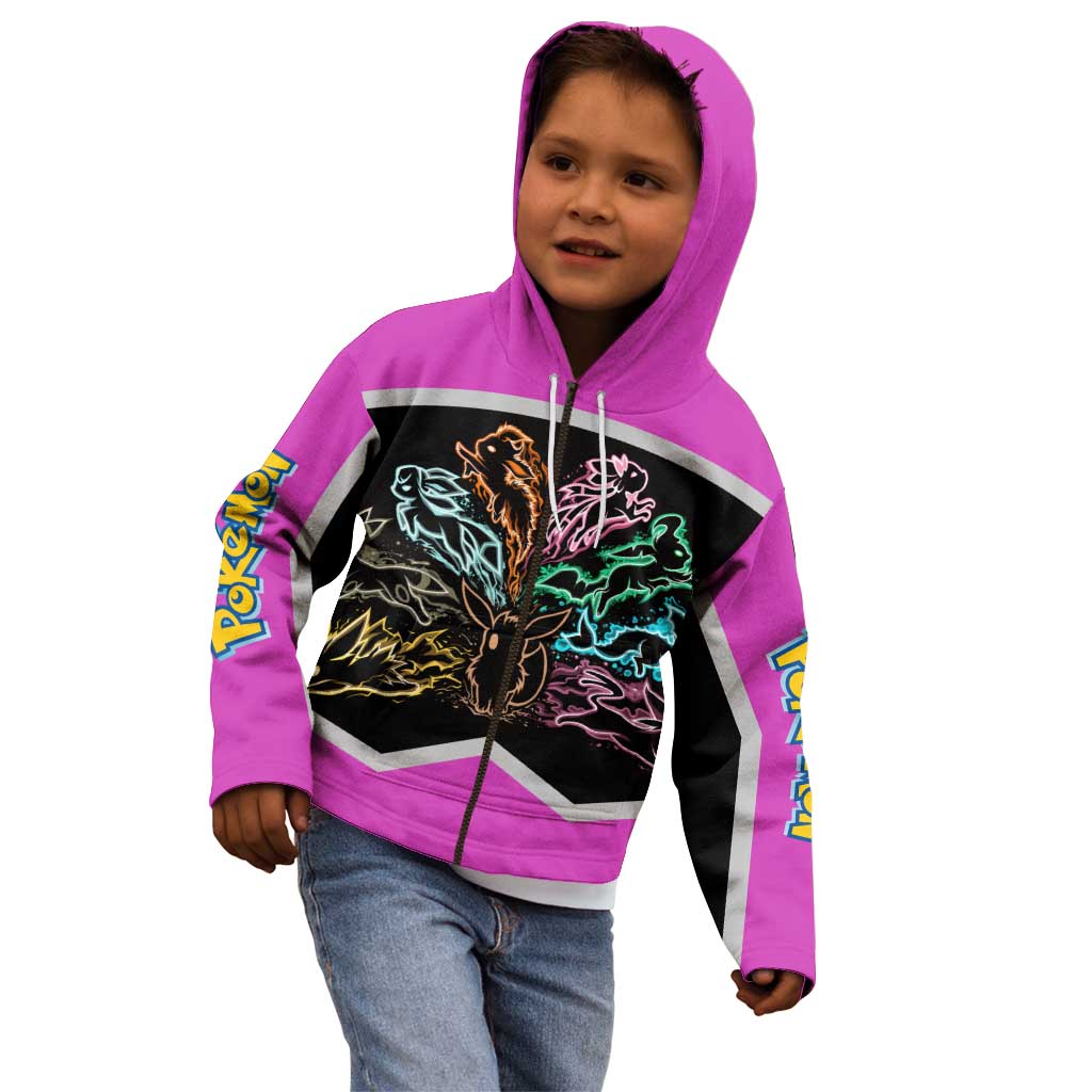 Espeon and Eeveelutions Kid Hoodie with Neon Elemental Designs and Pink Pokémon Theme - The Mazicc