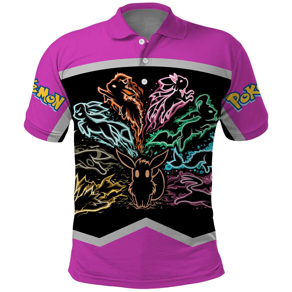 Espeon and Eeveelutions Polo Shirt with Neon Elemental Designs and Pink Pokémon Theme - The Mazicc