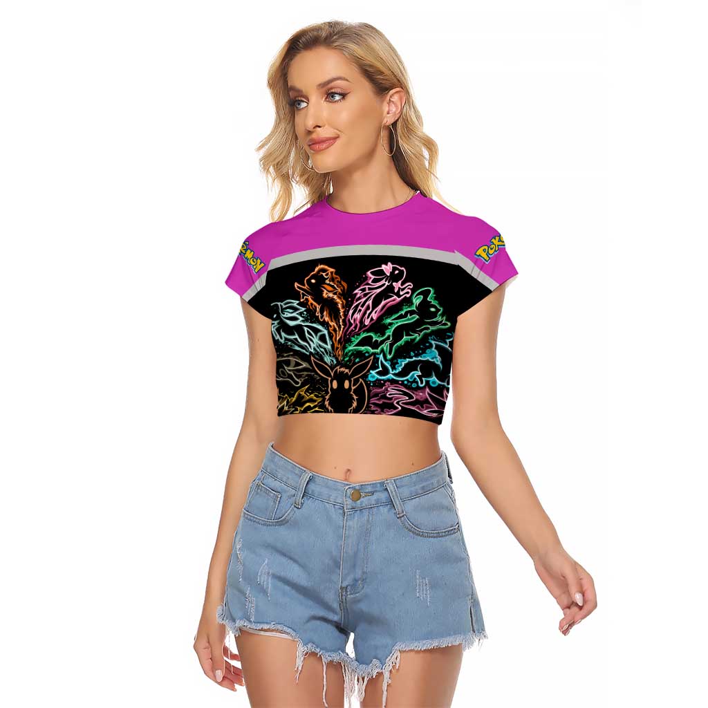Espeon and Eeveelutions Raglan Cropped T Shirt with Neon Elemental Designs and Pink Pokémon Theme - The Mazicc