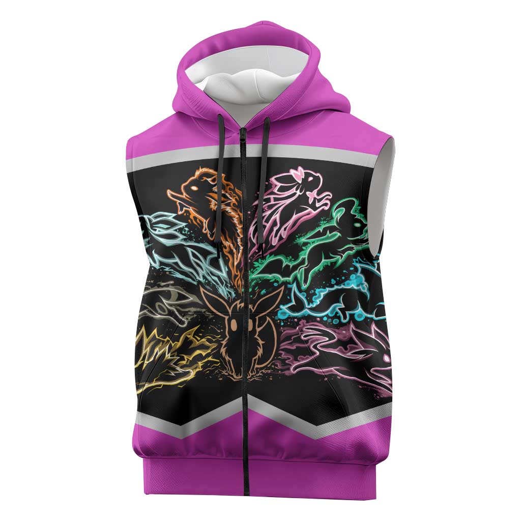 Espeon and Eeveelutions Sleeveless Zip Hoodie with Neon Elemental Designs and Pink Pokémon Theme - The Mazicc