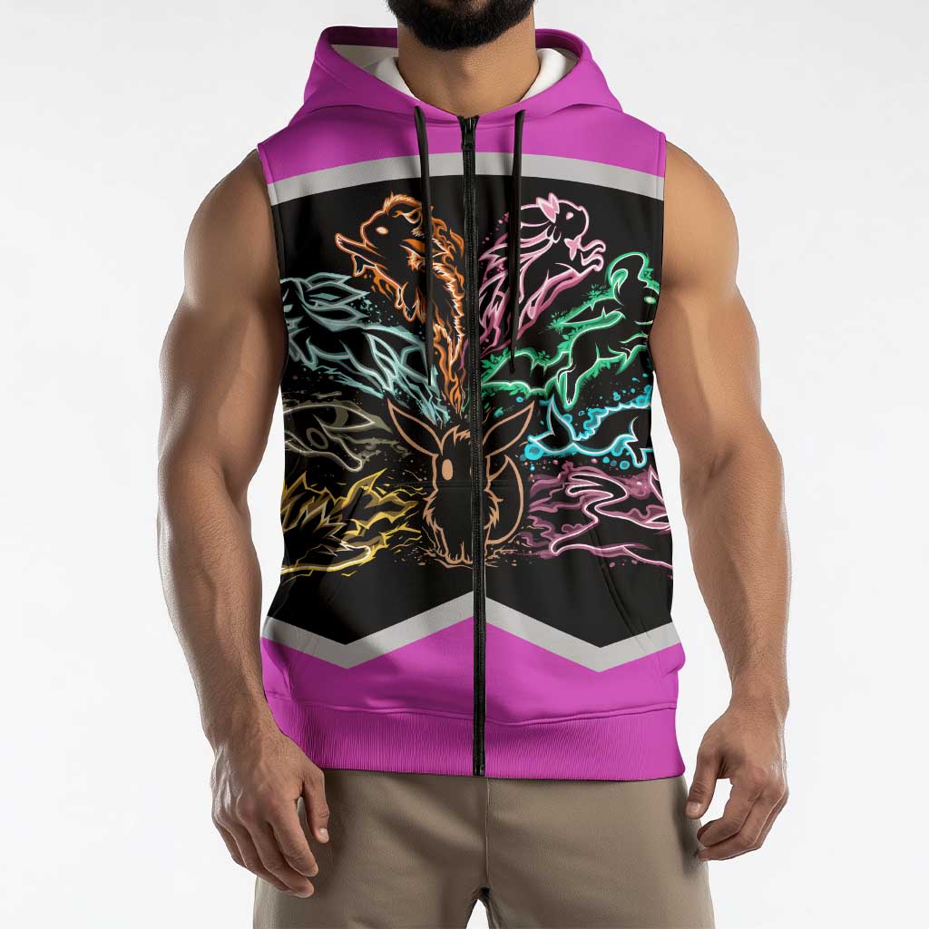 Espeon and Eeveelutions Sleeveless Zip Hoodie with Neon Elemental Designs and Pink Pokémon Theme - The Mazicc