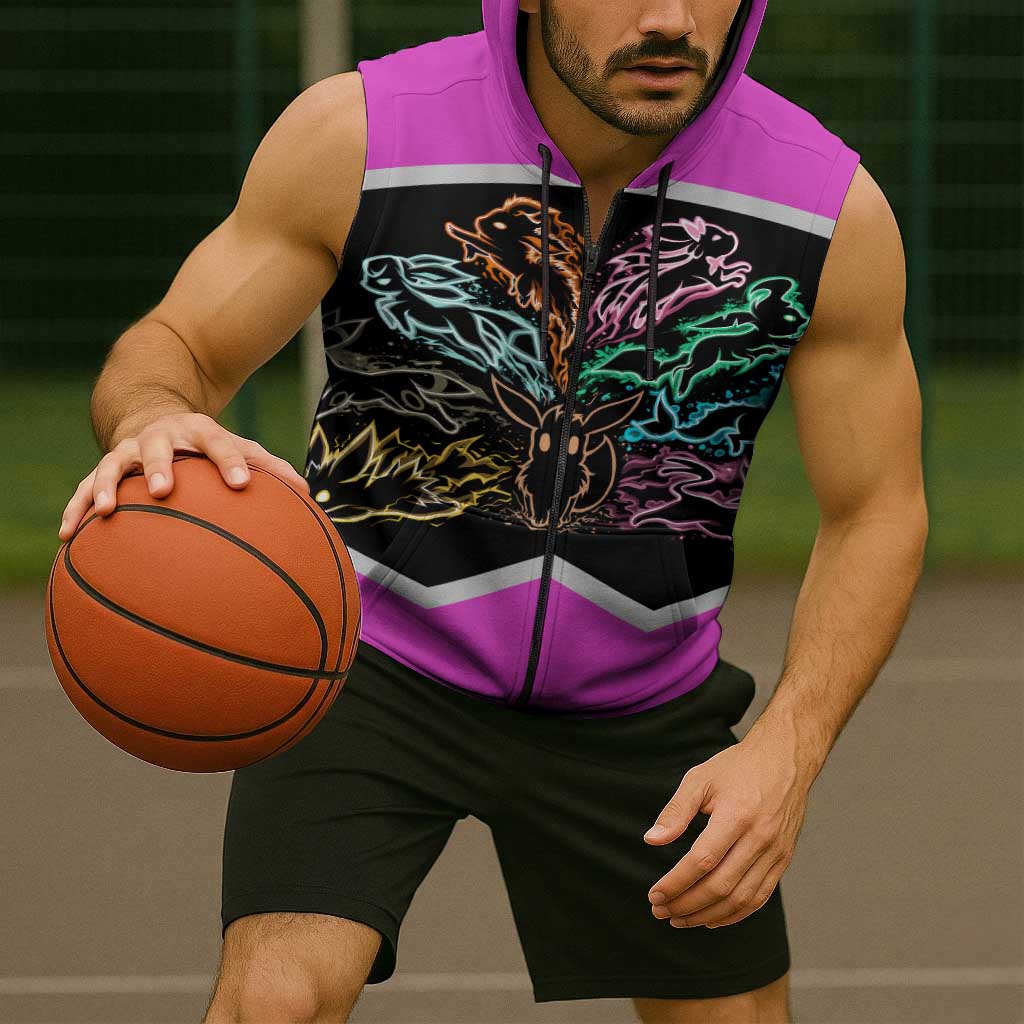 Espeon and Eeveelutions Sleeveless Zip Hoodie with Neon Elemental Designs and Pink Pokémon Theme - The Mazicc