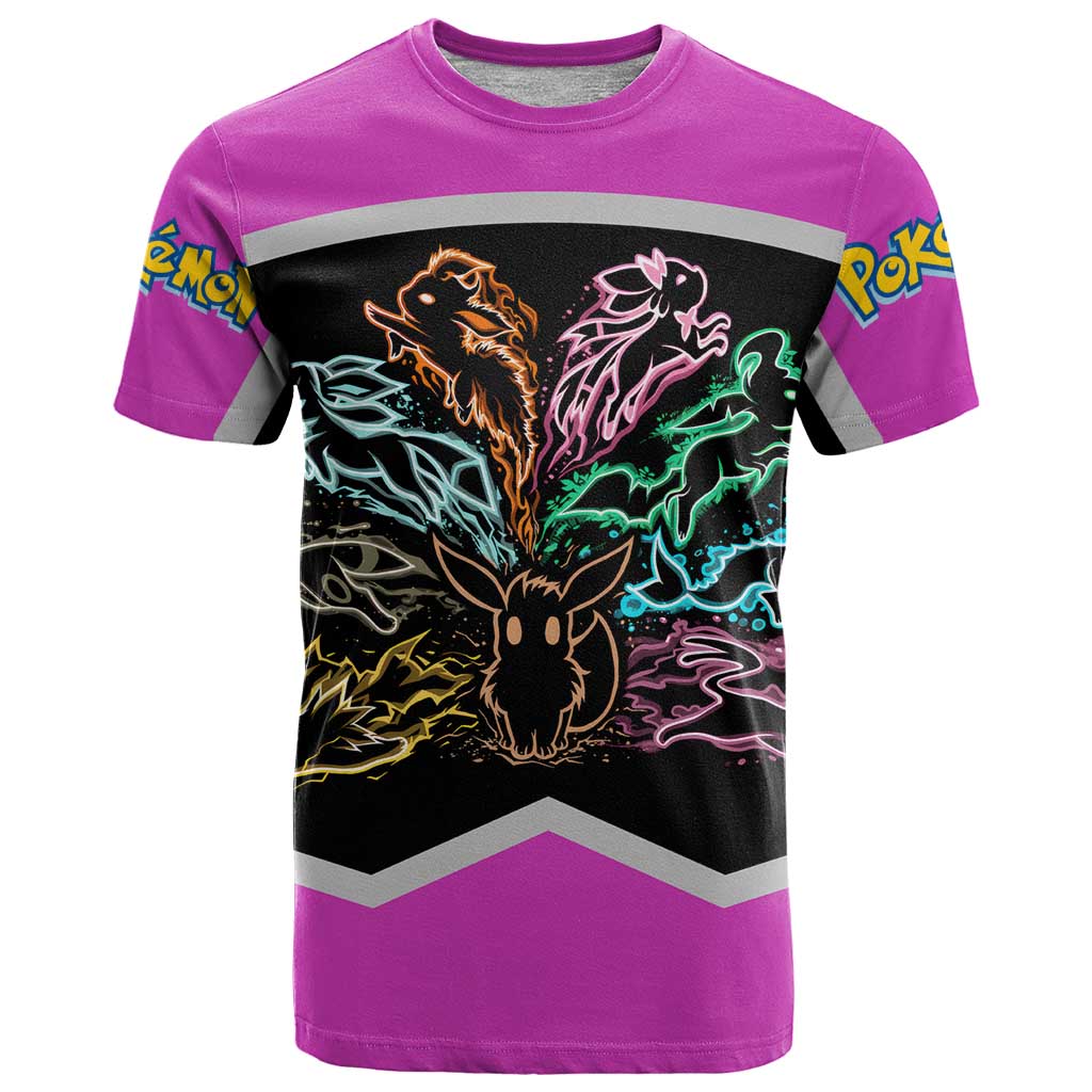 Espeon and Eeveelutions T Shirt with Neon Elemental Designs and Pink Pokémon Theme - The Mazicc