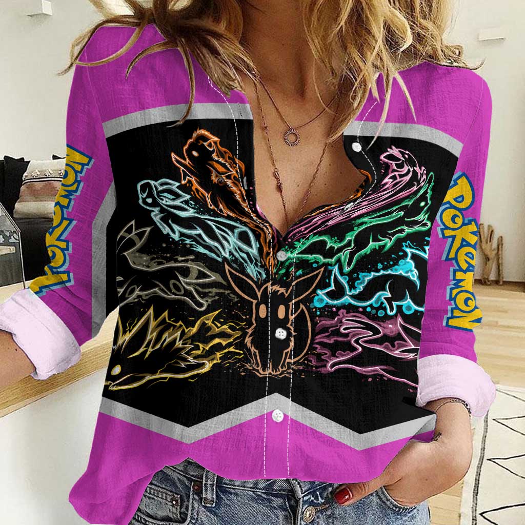 Espeon and Eeveelutions Women Casual Shirt with Neon Elemental Designs and Pink Pokémon Theme - The Mazicc