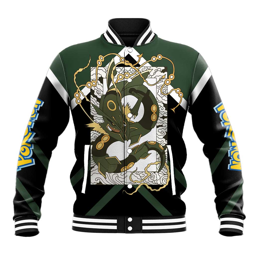 Rayquaza Baseball Jacket with Legendary Dragon Design and Green Black Pokémon Theme - The Mazicc