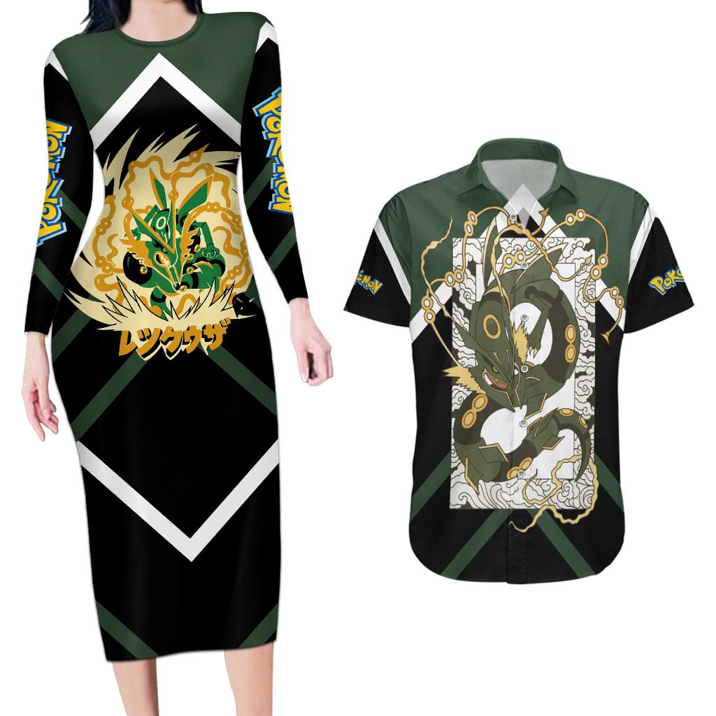 Rayquaza Couples Matching Long Sleeve Bodycon Dress and Hawaiian Shirt with Legendary Dragon Design and Green Black Pokémon Theme - The Mazicc