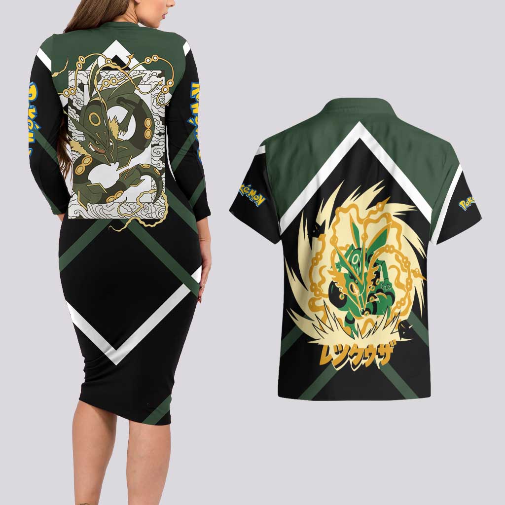 Rayquaza Couples Matching Long Sleeve Bodycon Dress and Hawaiian Shirt with Legendary Dragon Design and Green Black Pokémon Theme - The Mazicc