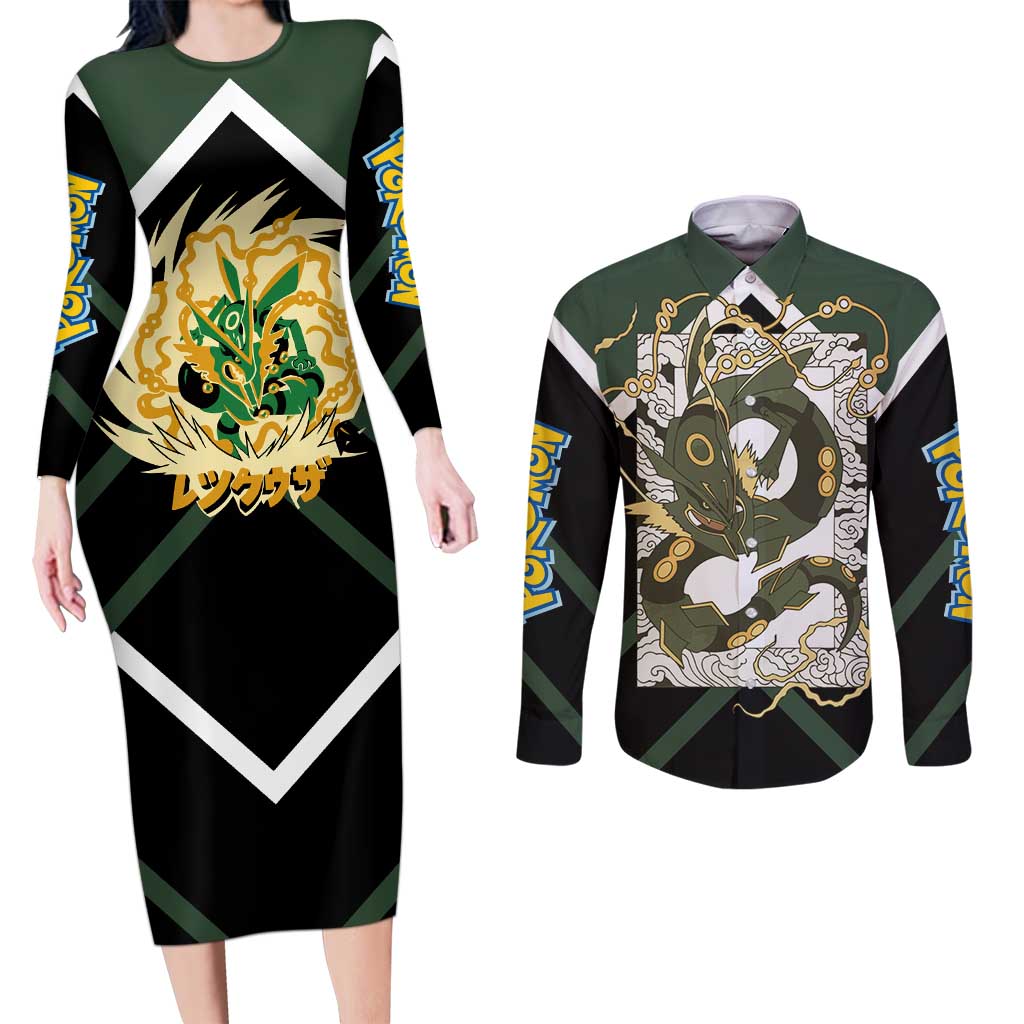 Rayquaza Couples Matching Long Sleeve Bodycon Dress and Long Sleeve Button Shirt with Legendary Dragon Design and Green Black Pokémon Theme - The Mazicc