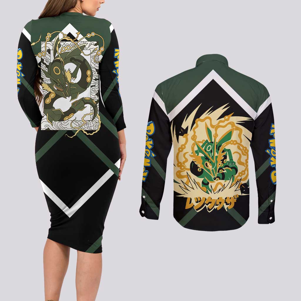 Rayquaza Couples Matching Long Sleeve Bodycon Dress and Long Sleeve Button Shirt with Legendary Dragon Design and Green Black Pokémon Theme - The Mazicc