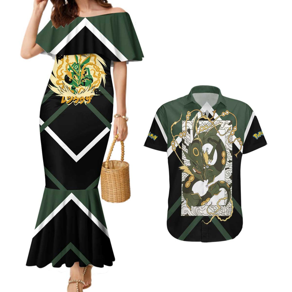 Rayquaza Couples Matching Mermaid Dress and Hawaiian Shirt with Legendary Dragon Design and Green Black Pokémon Theme - The Mazicc