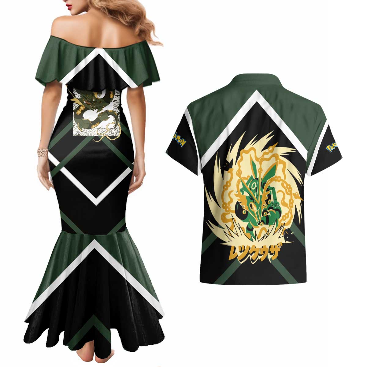 Rayquaza Couples Matching Mermaid Dress and Hawaiian Shirt with Legendary Dragon Design and Green Black Pokémon Theme - The Mazicc