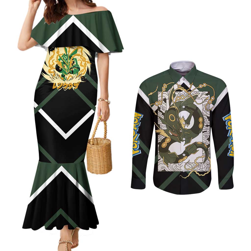 Rayquaza Couples Matching Mermaid Dress and Long Sleeve Button Shirt with Legendary Dragon Design and Green Black Pokémon Theme - The Mazicc
