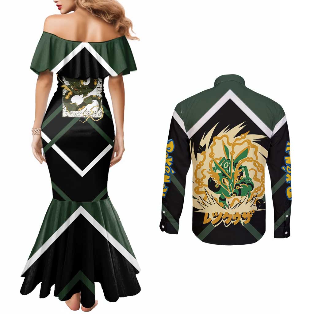 Rayquaza Couples Matching Mermaid Dress and Long Sleeve Button Shirt with Legendary Dragon Design and Green Black Pokémon Theme - The Mazicc