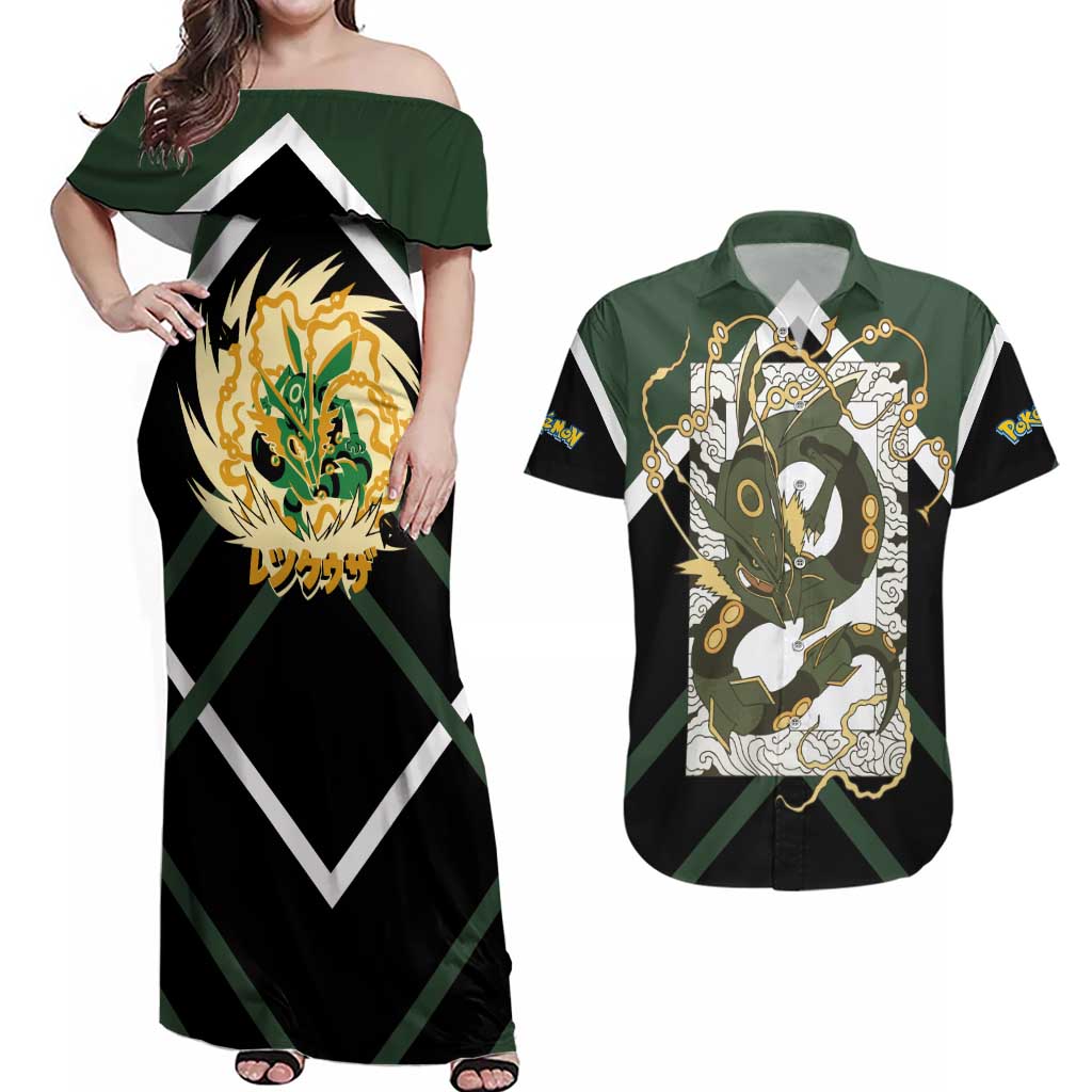 Rayquaza Couples Matching Off Shoulder Maxi Dress and Hawaiian Shirt with Legendary Dragon Design and Green Black Pokémon Theme - The Mazicc
