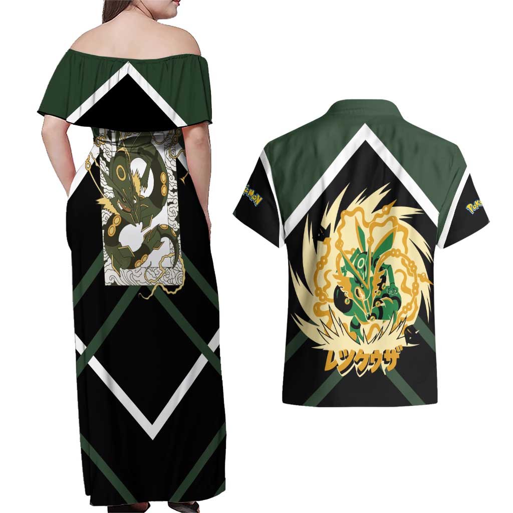 Rayquaza Couples Matching Off Shoulder Maxi Dress and Hawaiian Shirt with Legendary Dragon Design and Green Black Pokémon Theme - The Mazicc