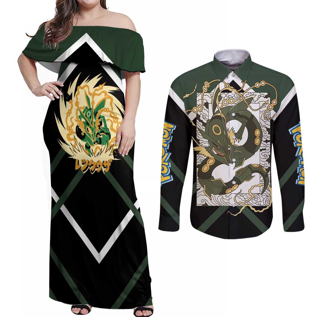 Rayquaza Couples Matching Off Shoulder Maxi Dress and Long Sleeve Button Shirt with Legendary Dragon Design and Green Black Pokémon Theme - The Mazicc