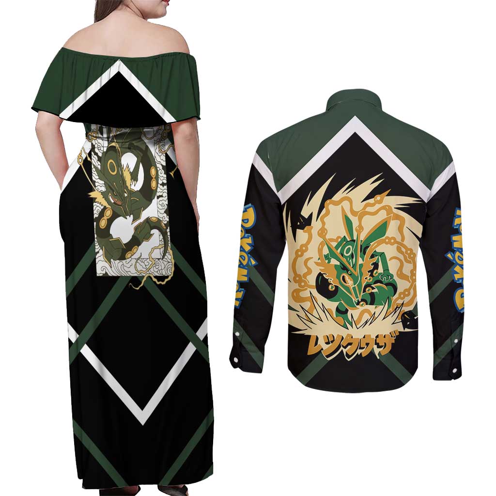 Rayquaza Couples Matching Off Shoulder Maxi Dress and Long Sleeve Button Shirt with Legendary Dragon Design and Green Black Pokémon Theme - The Mazicc