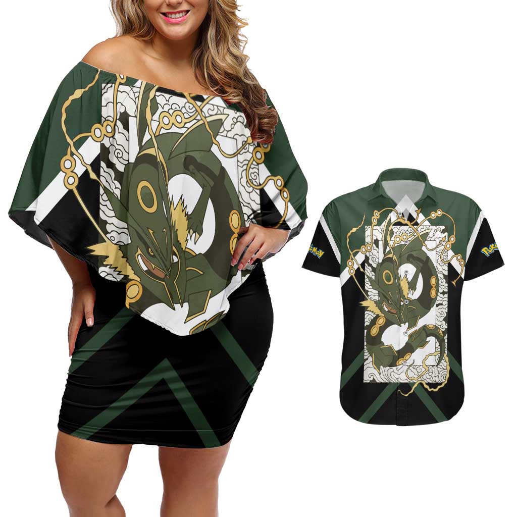 Rayquaza Couples Matching Off Shoulder Short Dress and Hawaiian Shirt with Legendary Dragon Design and Green Black Pokémon Theme - The Mazicc