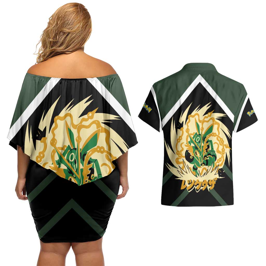 Rayquaza Couples Matching Off Shoulder Short Dress and Hawaiian Shirt with Legendary Dragon Design and Green Black Pokémon Theme - The Mazicc