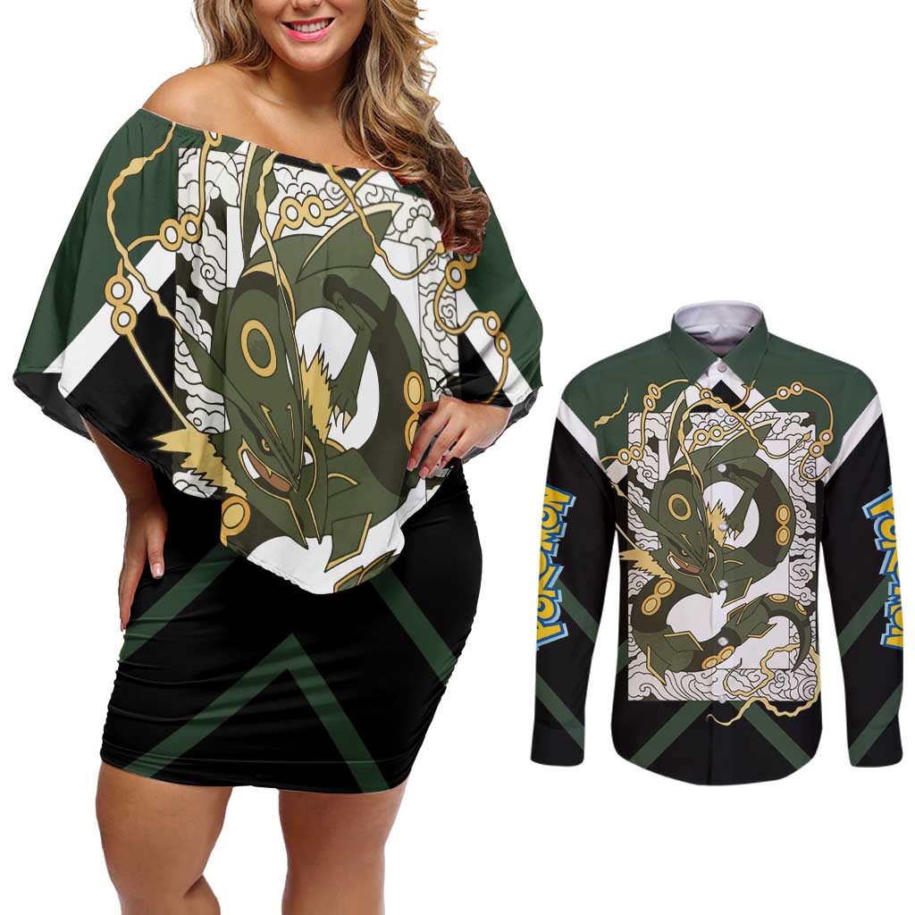 Rayquaza Couples Matching Off Shoulder Short Dress and Long Sleeve Button Shirt with Legendary Dragon Design and Green Black Pokémon Theme - The Mazicc
